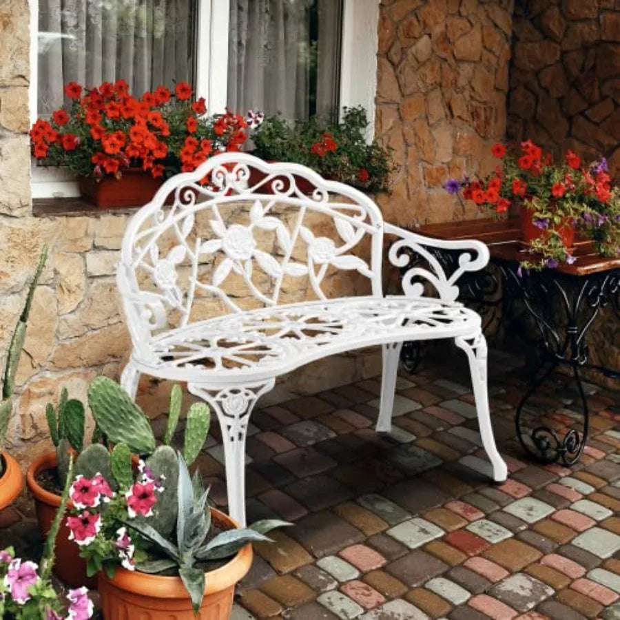 Patio Park Garden Outdoor Metal Rose Bench for 2 Persons, Cast Iron Aluminium Frame with Antique Finish, White and Rose Decor f