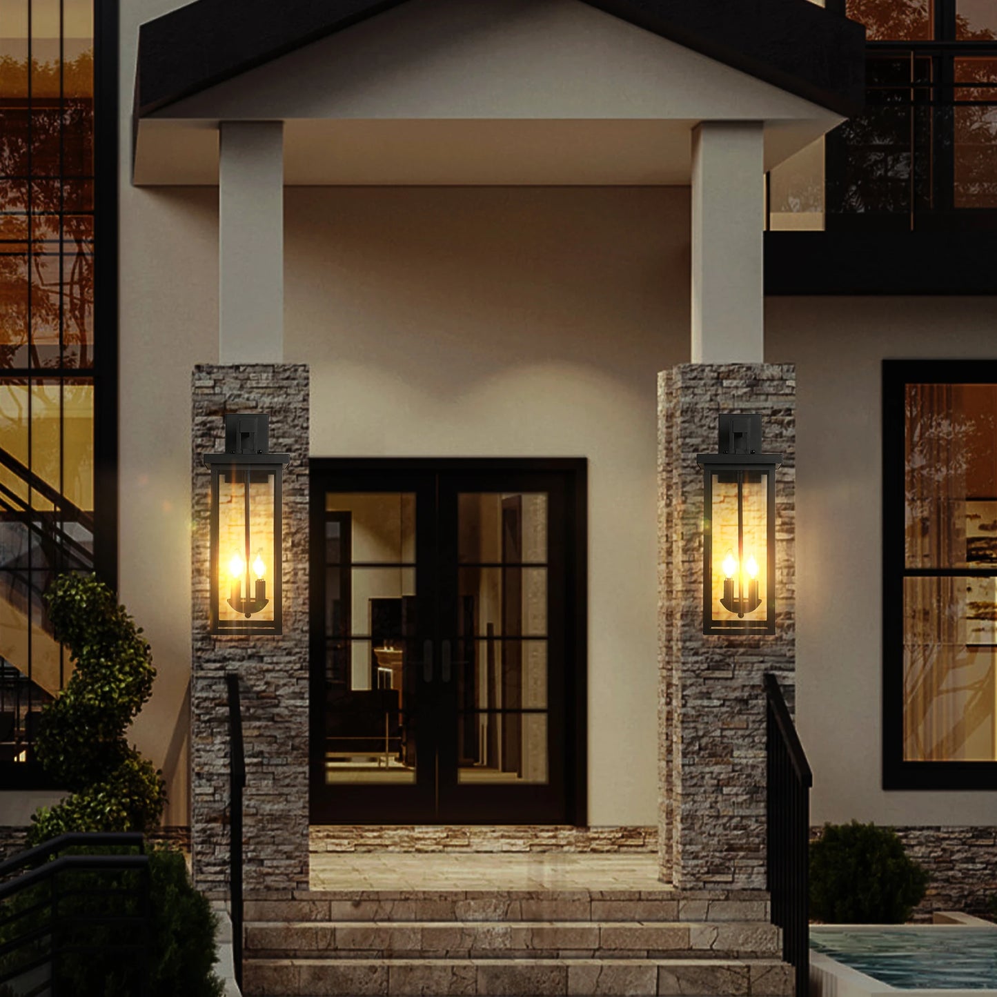 2-Pack 22" Dusk to Dawn Sensor Wall Lantern, Matte Black & Clear Glass, Weatherproof Outdoor Light for Porch Patio Garage