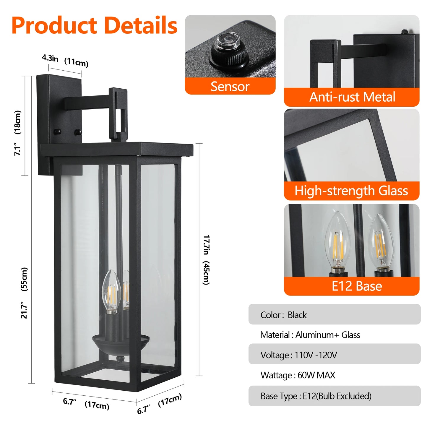 2-Pack 22" Dusk to Dawn Sensor Wall Lantern, Matte Black & Clear Glass, Weatherproof Outdoor Light for Porch Patio Garage