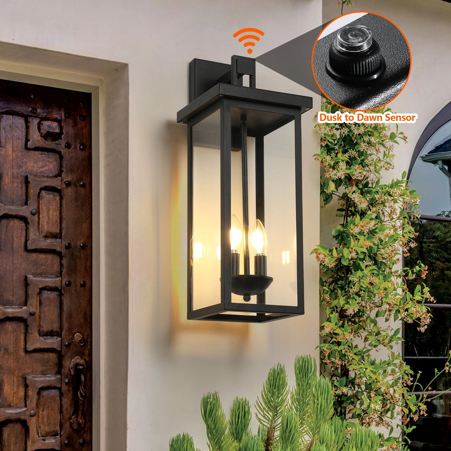 2-Pack 22" Dusk to Dawn Sensor Wall Lantern, Matte Black & Clear Glass, Weatherproof Outdoor Light for Porch Patio Garage