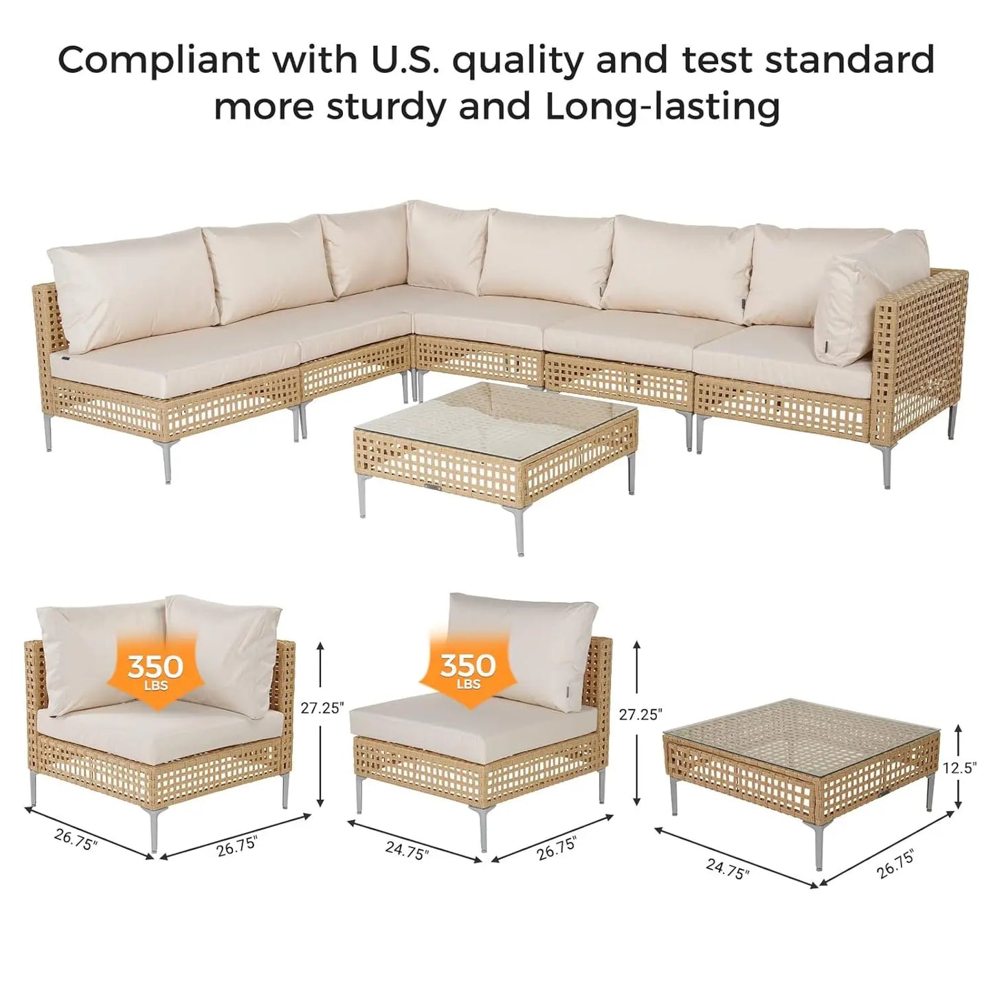 7pc Wicker Patio Furniture Set Sectional Sofa Water Resistant Cushions Coffee Table Outdoor Conversation Cream Custom