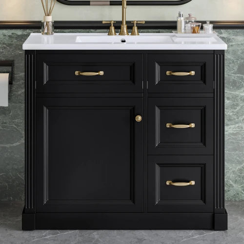 36 Inch Bathroom Vanity with Sink, Cabinet with 4 Drawers, Soft-Close Door & Adjustable Shelf, Ceramic Basin,  for Bathroom
