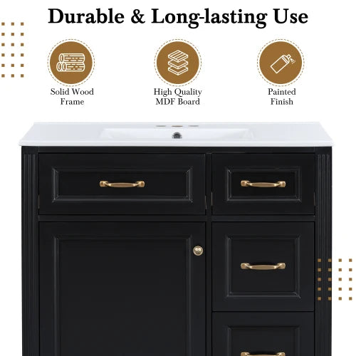 36 Inch Bathroom Vanity with Sink, Cabinet with 4 Drawers, Soft-Close Door & Adjustable Shelf, Ceramic Basin,  for Bathroom