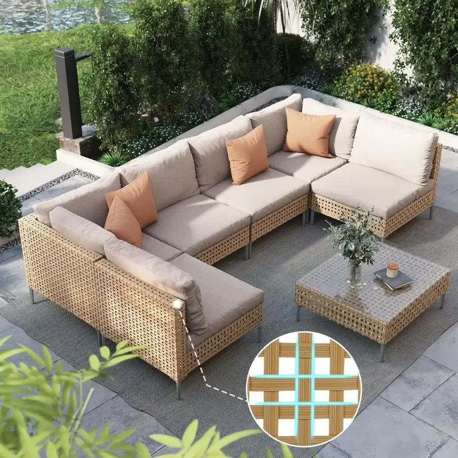 7Piece Wicker Patio Furniture Set, Boho Outdoor Conversation Set Sectional Sofa with Water Resistant Thick Cushions and Coffee