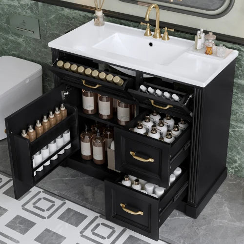 36 Inch Bathroom Vanity with Sink, Cabinet with 4 Drawers, Soft-Close Door & Adjustable Shelf, Ceramic Basin,  for Bathroom