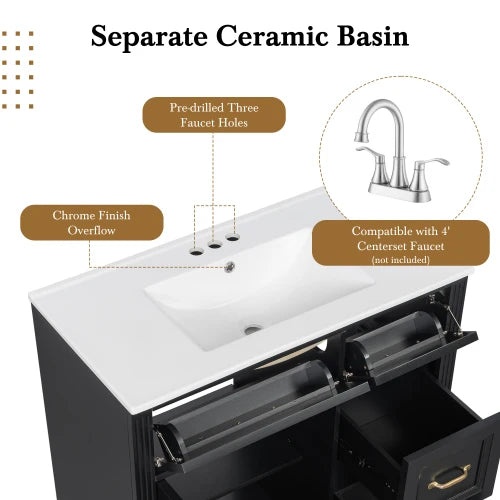 36 Inch Bathroom Vanity with Sink, Cabinet with 4 Drawers, Soft-Close Door & Adjustable Shelf, Ceramic Basin,  for Bathroom