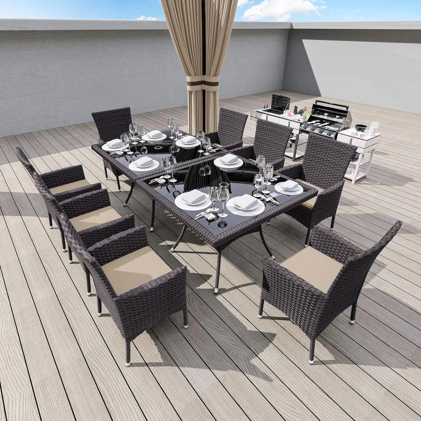 10 Piece Outdoor Dining Set, All-Weather Rattan Patio Furniture Set with Umbrella Hole Tempered Glass Square Table,, Customized