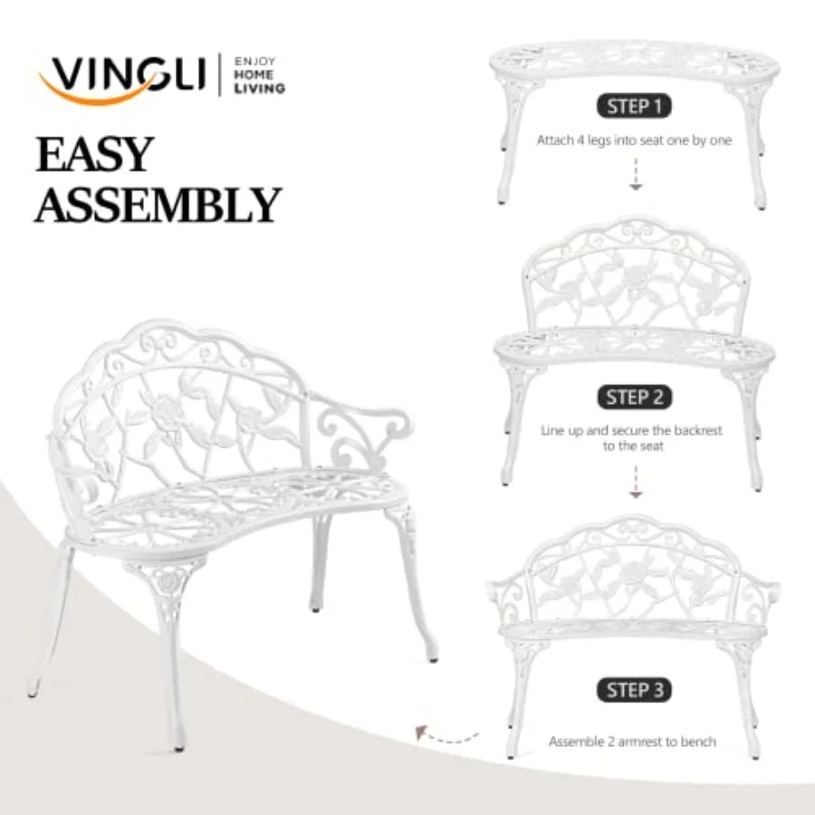 Patio Park Garden Outdoor Metal Rose Bench for 2 Persons, Cast Iron Aluminium Frame with Antique Finish, White and Rose Decor f
