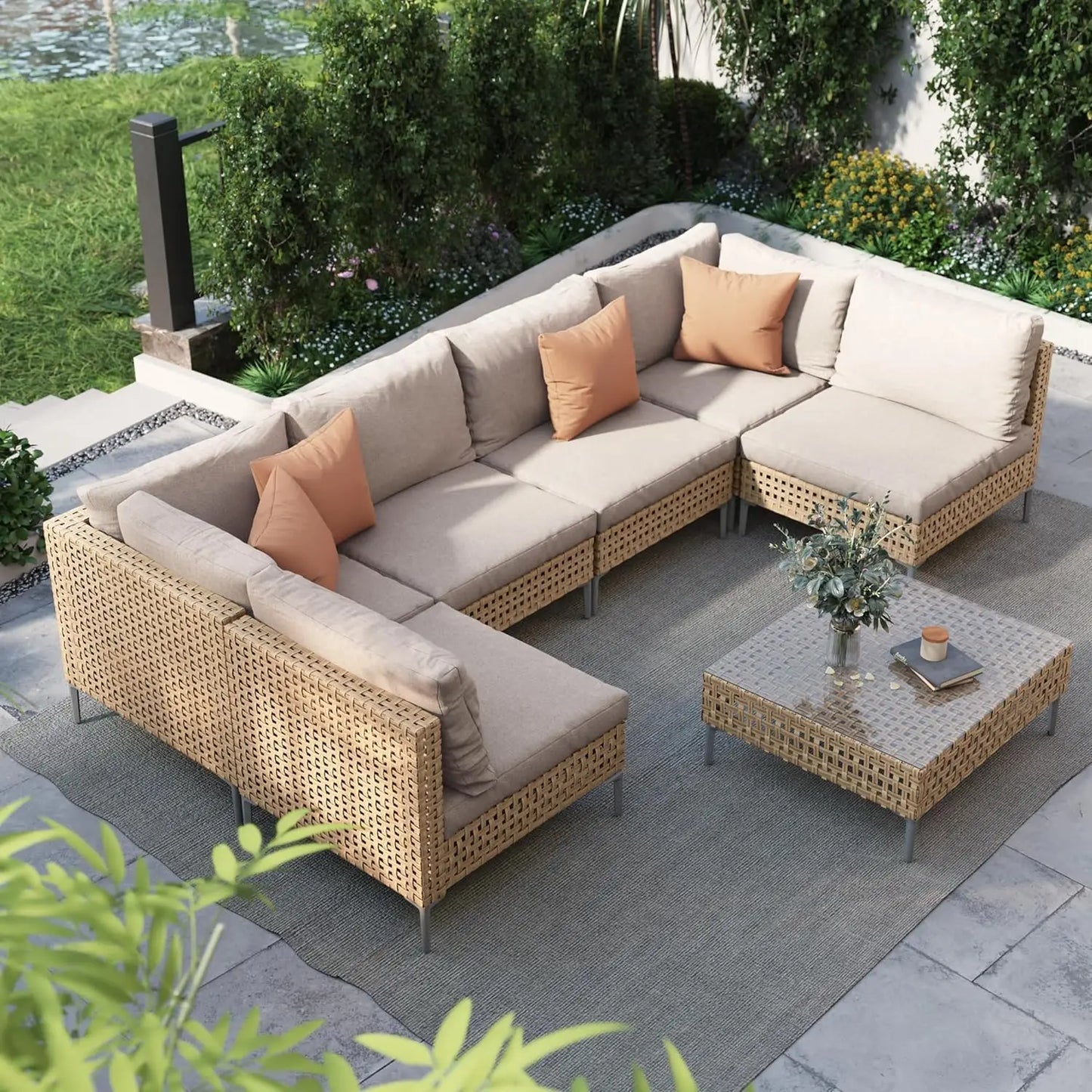 7pc Wicker Patio Furniture Set Sectional Sofa Water Resistant Cushions Coffee Table Outdoor Conversation Cream Custom