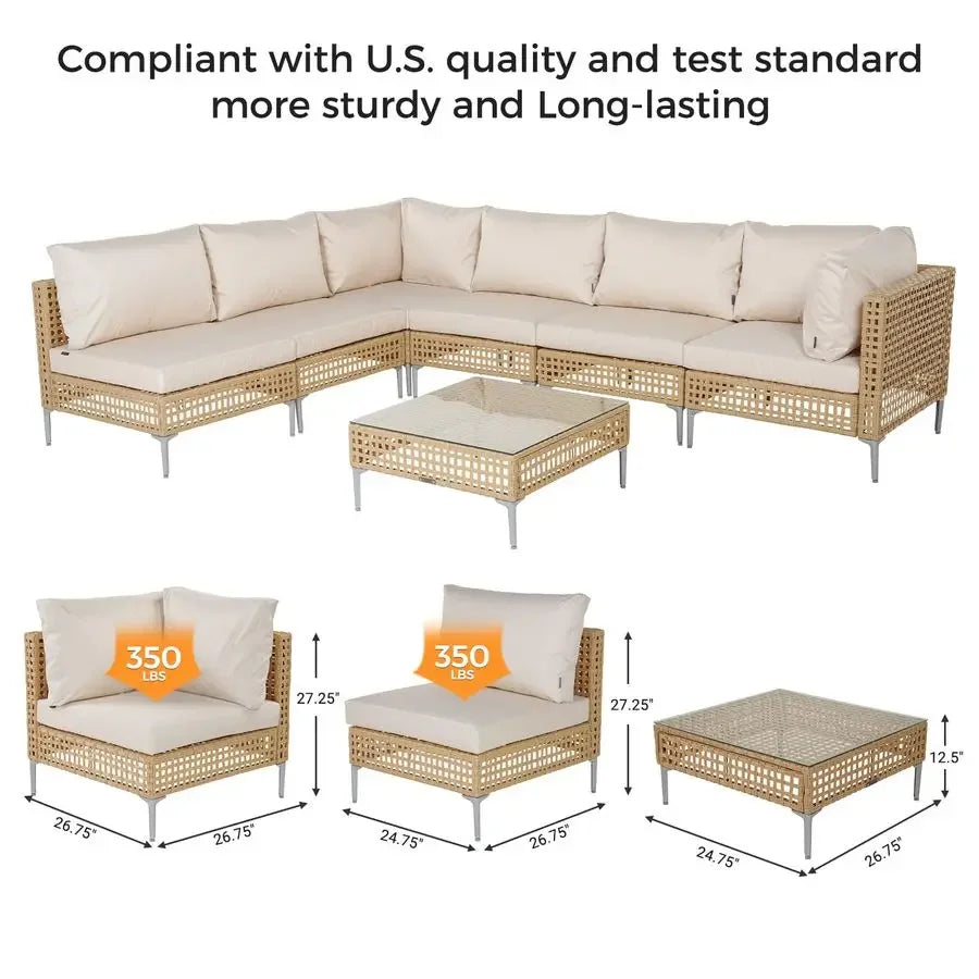 7Piece Wicker Patio Furniture Set, Boho Outdoor Conversation Set Sectional Sofa with Water Resistant Thick Cushions and Coffee