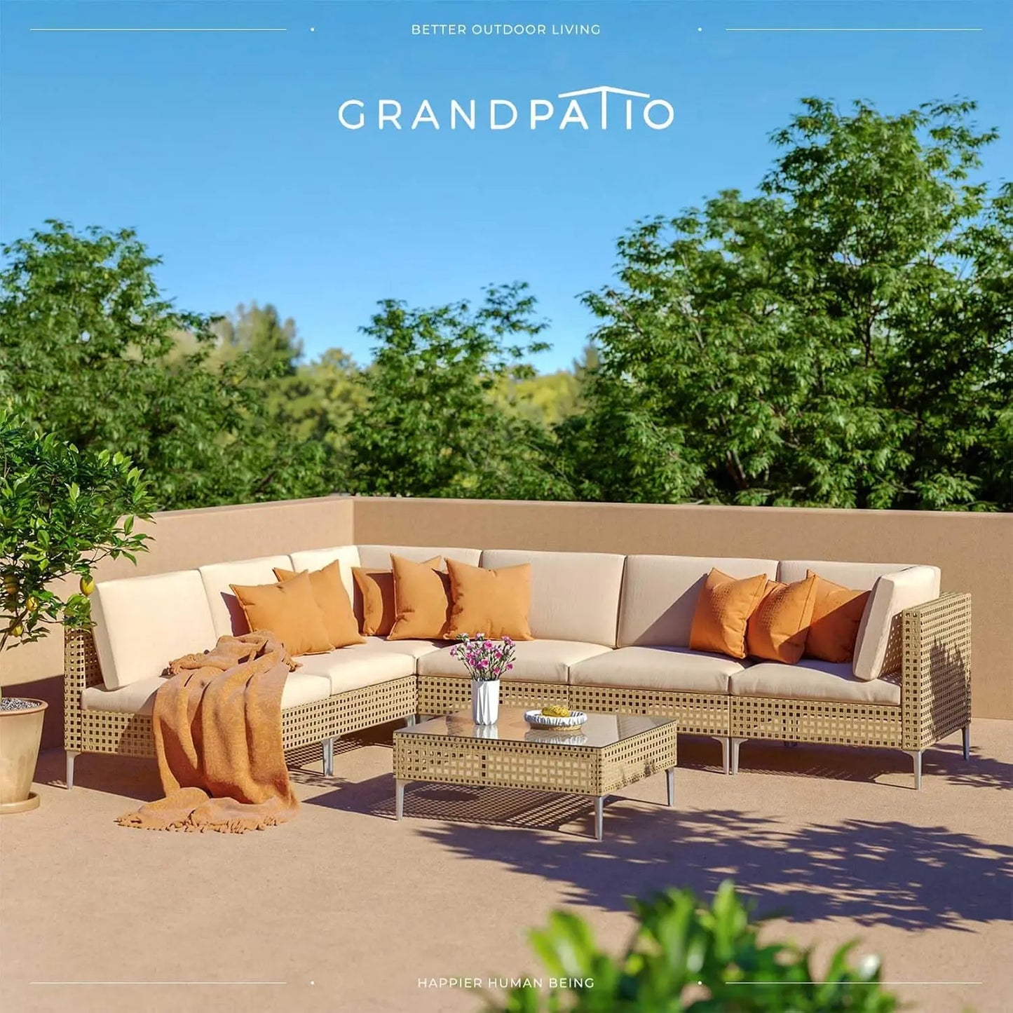 7pc Wicker Patio Furniture Set Sectional Sofa Water Resistant Cushions Coffee Table Outdoor Conversation Cream Custom