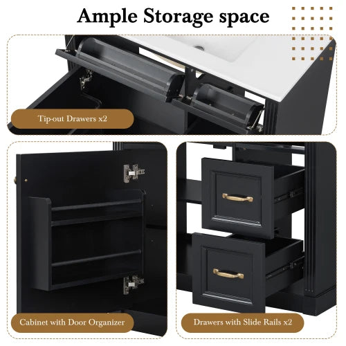 36 Inch Bathroom Vanity with Sink, Cabinet with 4 Drawers, Soft-Close Door & Adjustable Shelf, Ceramic Basin,  for Bathroom