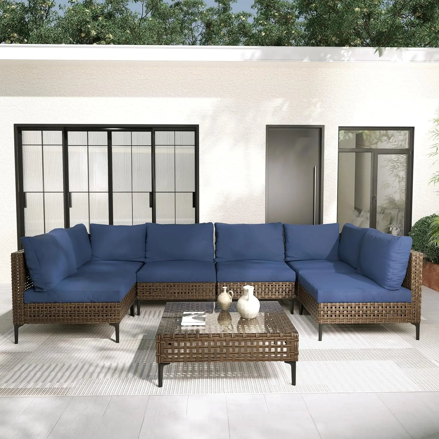 7pc Wicker Patio Furniture Set Sectional Sofa Water Resistant Cushions Coffee Table Outdoor Conversation Cream Custom