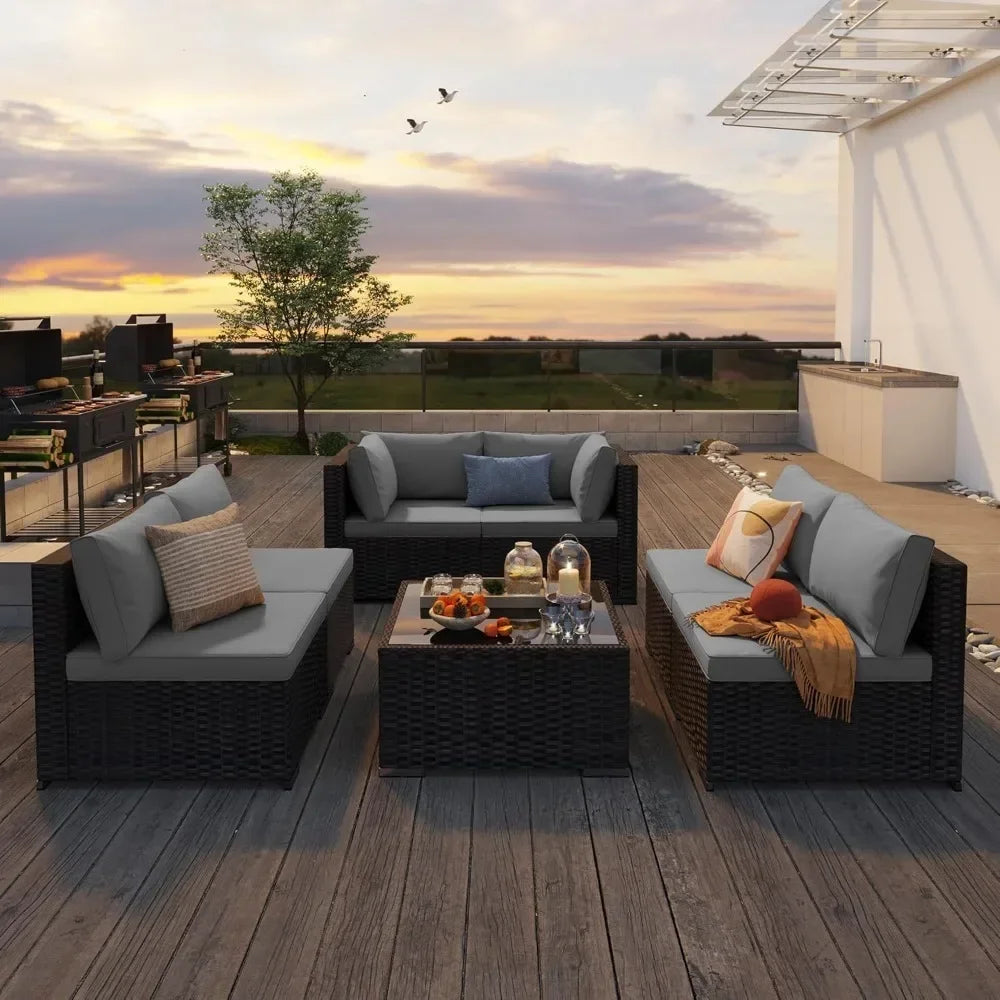 7 Pieces Outdoor Patio Furniture Set PE Rattan Outdoor Wicker Sectional Furniture Sofa Set, with Cushions and Glass Coffee Table