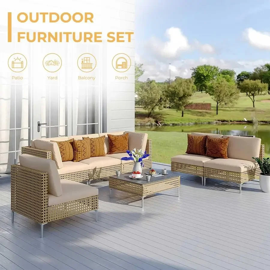 7Piece Wicker Patio Furniture Set, Boho Outdoor Conversation Set Sectional Sofa with Water Resistant Thick Cushions and Coffee