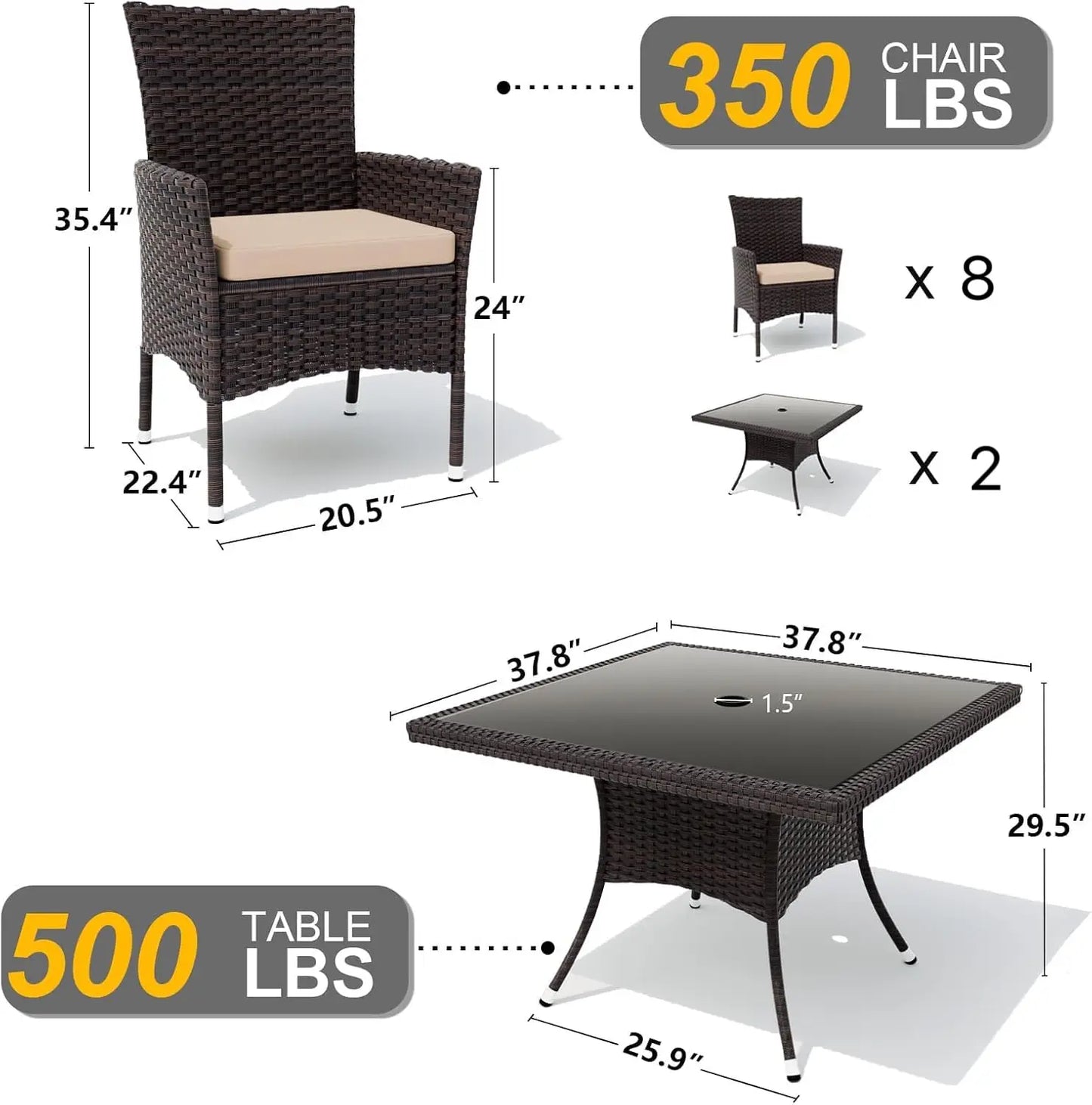 10 Piece Outdoor Dining Set, All-Weather Rattan Patio Furniture Set with Umbrella Hole Tempered Glass Square Table,, Customized