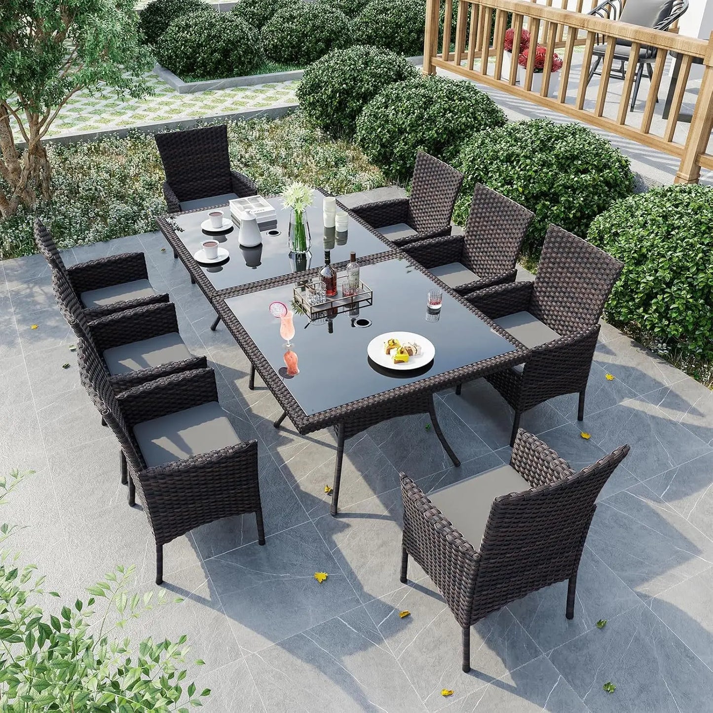 10 Piece Outdoor Dining Set, All-Weather Rattan Patio Furniture Set with Umbrella Hole Tempered Glass Square Table,, Customized