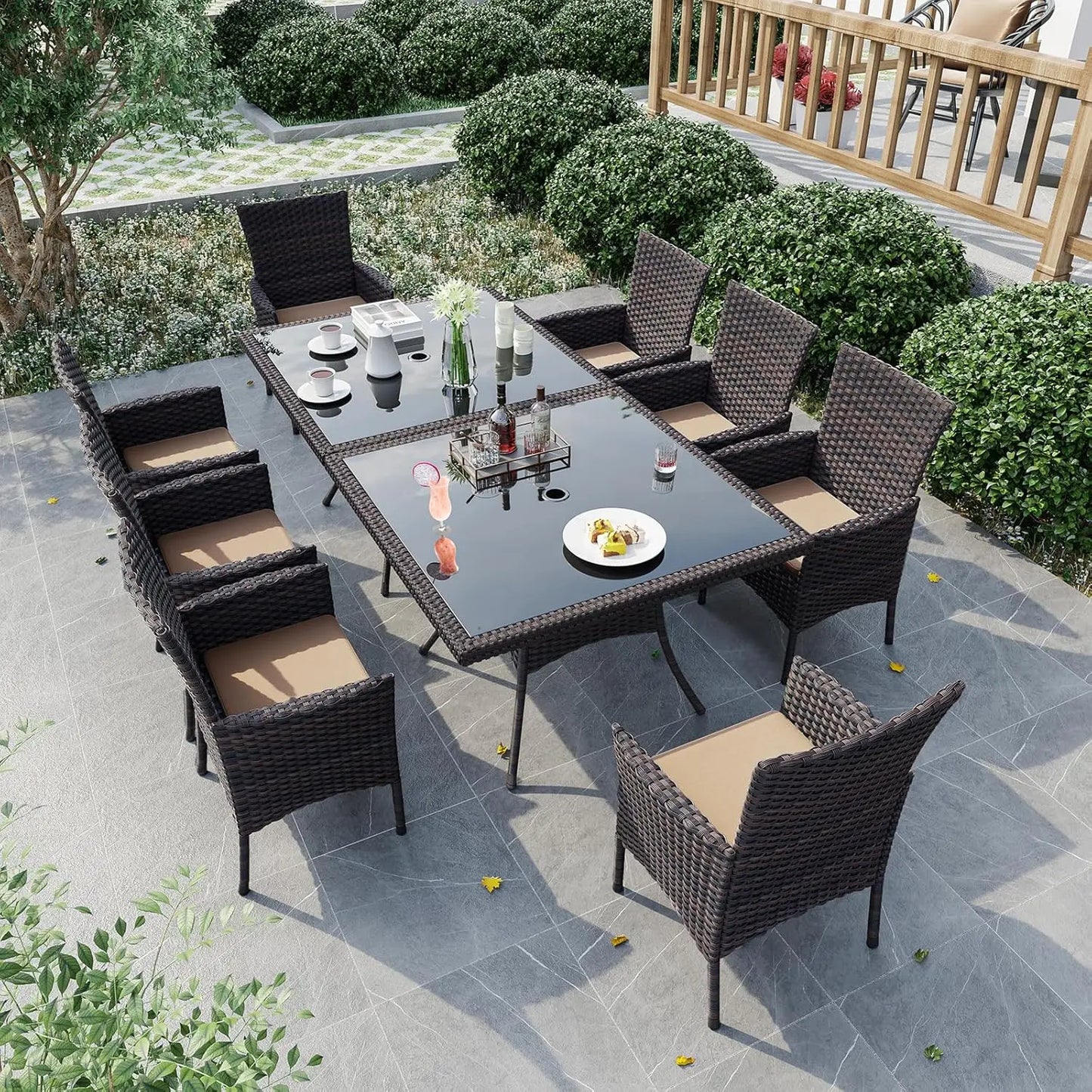 10 Piece Outdoor Dining Set, All-Weather Rattan Patio Furniture Set with Umbrella Hole Tempered Glass Square Table,, Customized