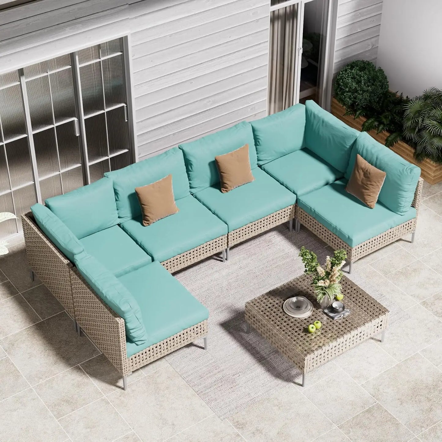 7pc Wicker Patio Furniture Set Sectional Sofa Water Resistant Cushions Coffee Table Outdoor Conversation Cream Custom