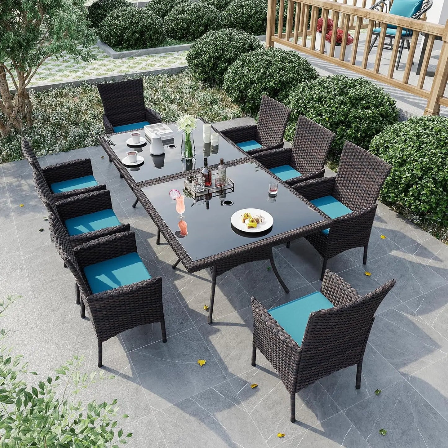 10 Piece Outdoor Dining Set, All-Weather Rattan Patio Furniture Set with Umbrella Hole Tempered Glass Square Table,, Customized