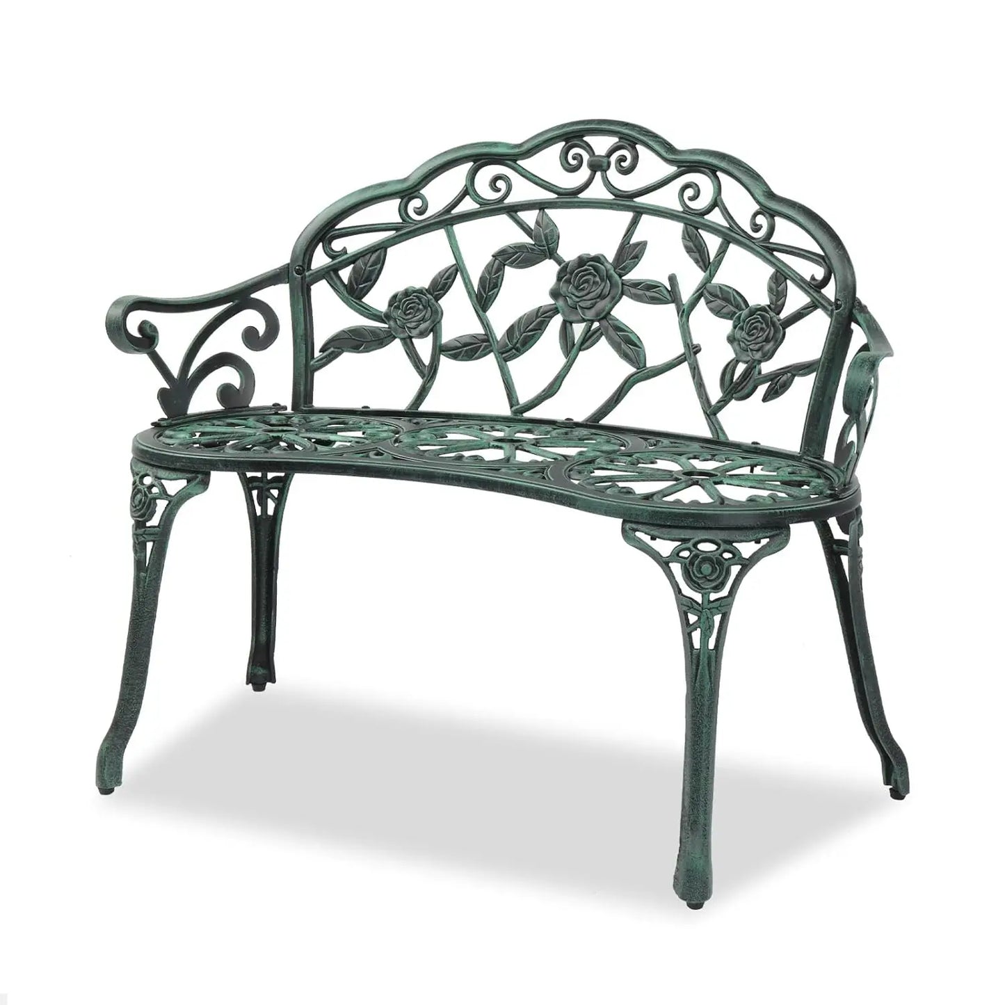 38.5" Patio Park Garden Outdoor Metal Rose Bench, 2-Person Cast Iron Cast Aluminium Frame Antique Finish, Customized